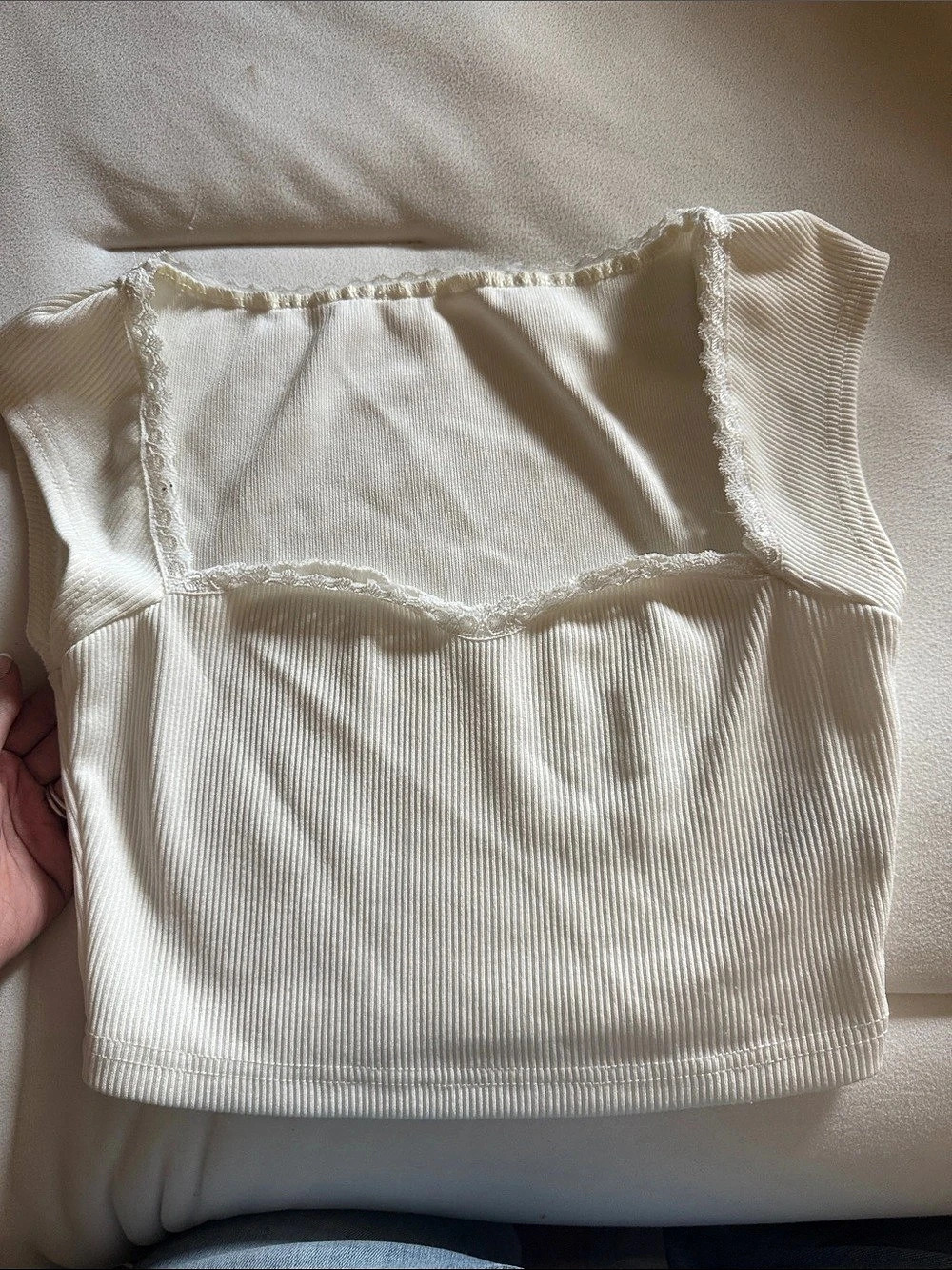 Ribbed Lace-Trim Crop Top in White Like New